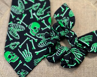 Skeletons Dog Bandana/Halloween pet bandana/Over the collar or Tie on bandana/Matching Hair Scrunchie/Glow in the Dark pet bandana/