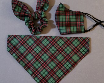 Christmas Plaid Dog Bandana/Green Christmas Plaid Pet Bandana with Matching Hair Scrunchie and Face Mask/Cat Bandana/Over Collar or Tie ON