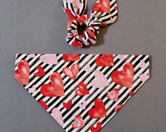 Valentine's Day Dog Bandana//Hearts w/ Stripes Bandana with Matching Hair Scrunchie/Tie on or collar bandana/Matching Sets