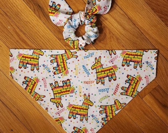 Pinata Pet Bandana/Dog Bandana with Pinatas/ Matching Pinata Hair Scrunchie/Fun Bandana/Over the Collar Bandana/Tie ON Bandana