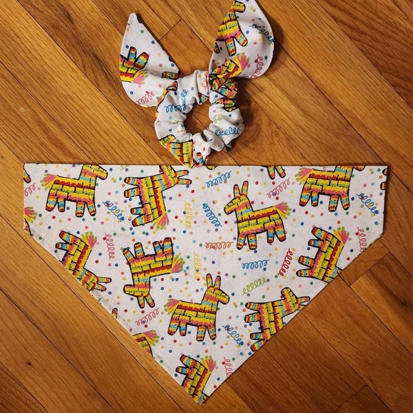 Pinata Pet Bandana/Dog Bandana with Pinatas/ Matching Pinata Hair Scrunchie/Fun Bandana/Over the Collar Bandana/Tie ON Bandana