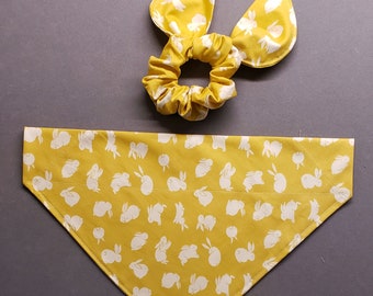 Mustard with Bunnies Dog Bandana/Easter bunnies Pet Bandana set/ Matching Hair Scrunchie and Face Mask/Easter Bandana/Pet Bandana/cat/dog