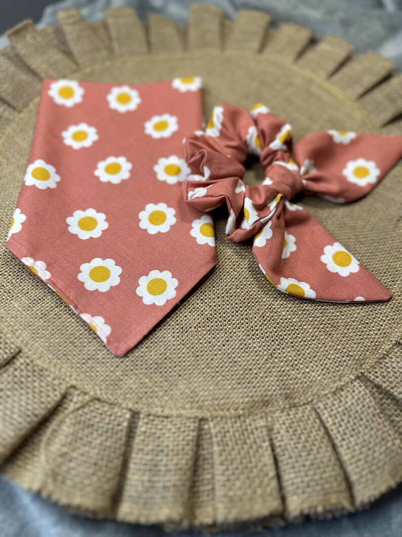 May include: A set of two pink and white floral patterned accessories. A bandana with white daisies and yellow centers on a pink background and a matching scrunchie.