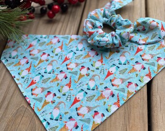 Christmas Gnomes Bandana/Over Collar Dog Bandana/Tie ON Dog Bandana/ Gnome Hair Scrunchie/Matching Set Dog Bandana with Owner Hair Scrunchie