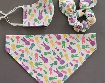Easter Dog Bandana/Multicolored Bunnies Bandanas with Matching Face Mask and Hair Scrunchie/Over Collar or Tie On Bandana/