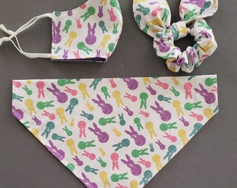 Easter Dog Bandana/Multicolored Bunnies Bandanas with Matching Face Mask and Hair Scrunchie/Over Collar or Tie On Bandana/