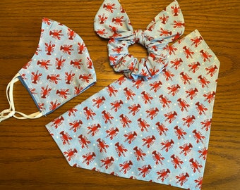 Lobster Time Dog Bandana with Matching Face Mask and Hair scrunchie/Over Collar Bandana/Tie On Bandana/Summer Dog Bandana/Matching sets/Pet