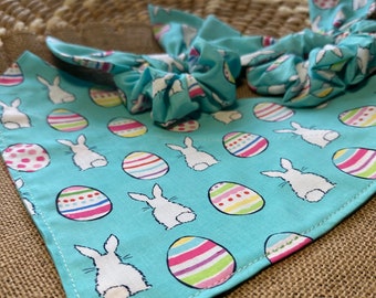 Easter Dog Bandana with matching hair scrunchie/Easter Eggs and Bunnies/over collar or tie on bandana/pet bandana/matching sets/Pet  gift/