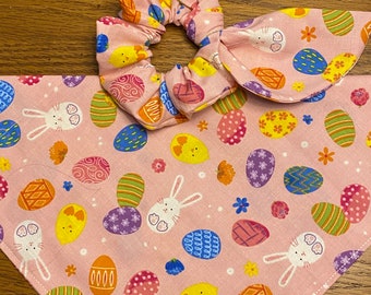 Pink Easter Dog Bandana, Hair Scrunchie/Pet Bandana/Over Collar or Tie On Bandana/Matching Sets/Easter Sets