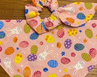 Pink Easter Dog Bandana, Hair Scrunchie/Pet Bandana/Over Collar or Tie On Bandana/Matching Sets/Easter Sets