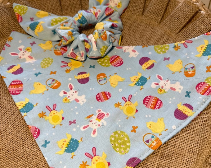 Featured listing image: Easter Dog Bandana with matching hair scrunchie/over collar or tie on bandana/pet bandana/matching sets/Pet owner gift/