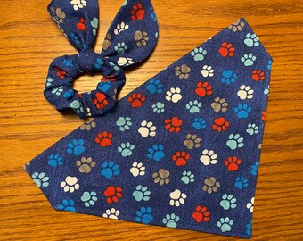 Paw Print Dog Bandana (Over the Collar) Pet Bandana/Red White & Blue Bandana/Dog gift/Hair Scrunchie/Cat Bandana/Slide on Bandana