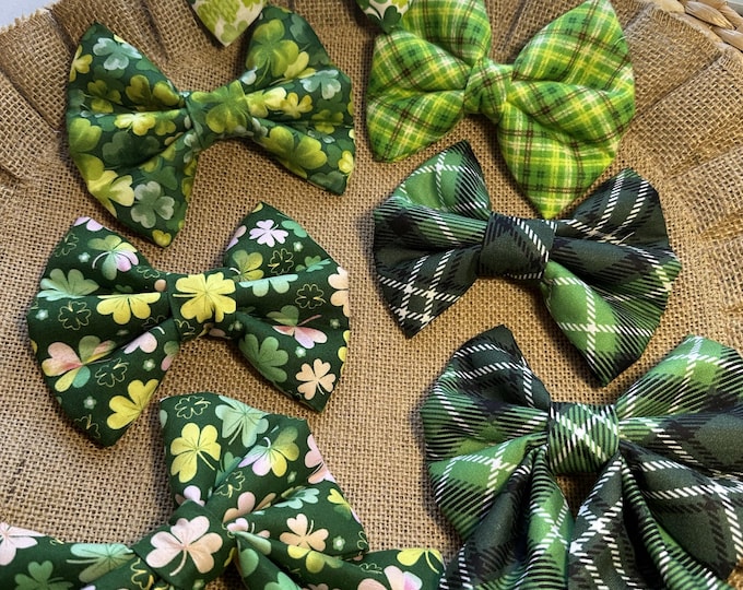 Featured listing image: St. Patrick's Dog Bow Ties/ Sailor Bow/ Green Plaid Bow/ Clover Bow Tie/Shamrock Bow/Slide on Collar Bow/Pet Bow