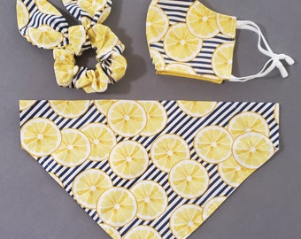 Lemon Slices and Navy Blue Stripes Dog Bandana with Matching Face Mask and Hair Scrunchie/Over Collar or Tie On Bandana/Pet Bandana/Sets