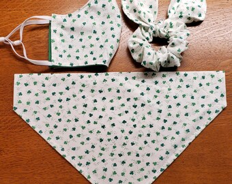 Shamrock Dog Bandana/Over the Collar Bandana/Tie On Bandana/Match my Dog/Matching Hair Scrunchie/Matching Face Mask/St Patrick's Day Dog SET