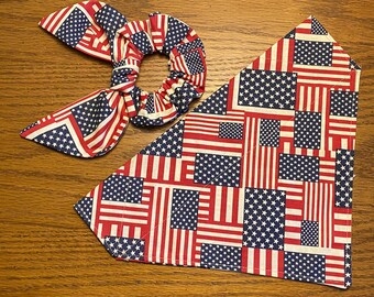 American Flag Dog Bandana with Matching Face Mask and Hair Scrunchie/Over Collar or Tie On Bandana/Pet Bandana/Matching Set/Gift Set/Bandana