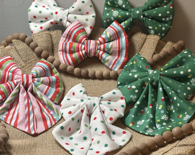 Featured listing image: Christmas Dog Bow, Sailor Bows, Bow Tie, Dog Tie, Polka Dot Dog Bows, Slide on Collar with elastic, Dog Bows, Christmas Stripe, Tie