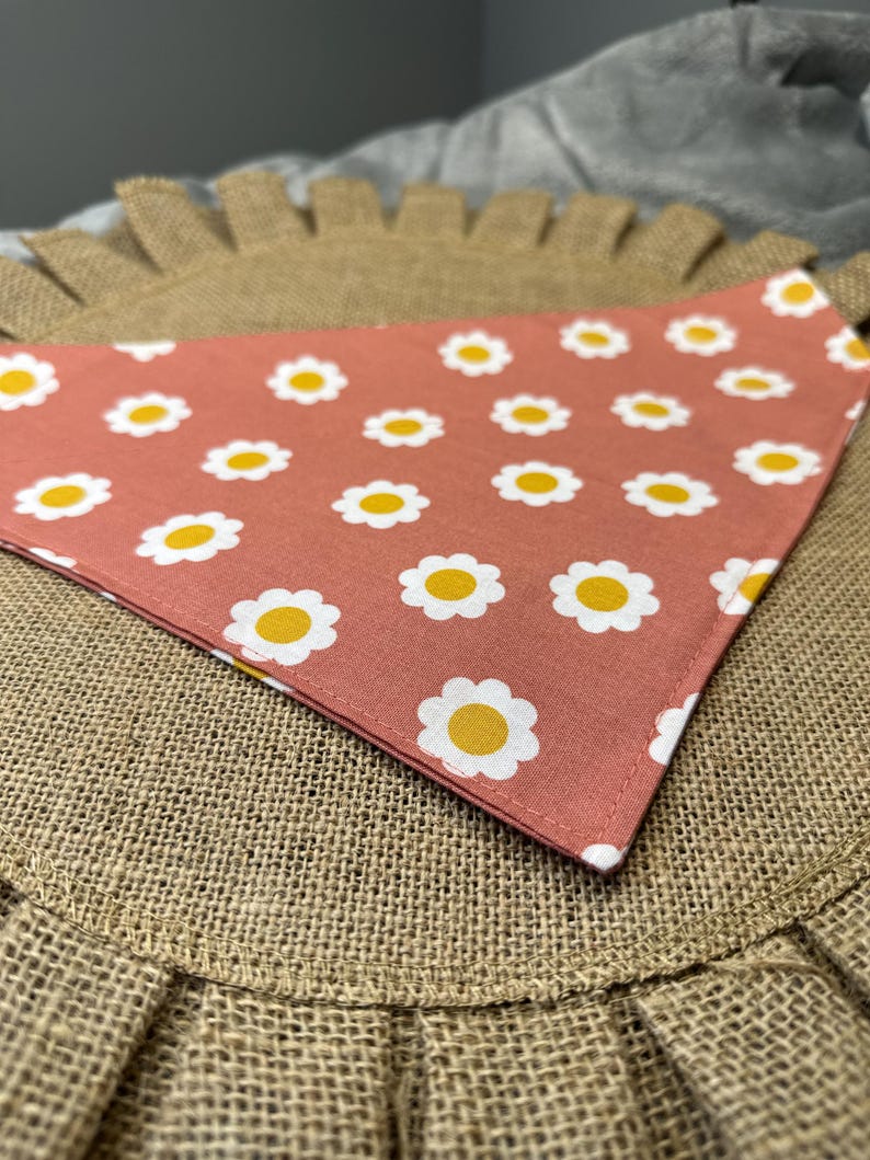 May include: A pink bandana with a white daisy pattern. The bandana is on a brown burlap surface.