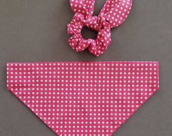 Pink Polka Dot Dog Bandana/Fuchsia Pink Pet Bandana with Matching Face Mask and Hair Scrunchie/Over Collar or Tie On/Cat or Pet Bandana/