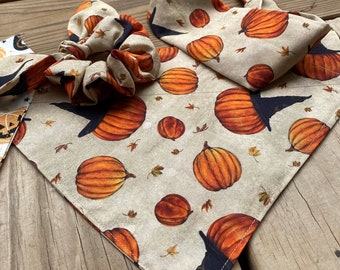 Pumpkins, witches hats dog bandana/or Pumpkins, cats, owls Bandana Set/Over Collar or Tie On Bandana/Matching Hair Scrunchie or Headband