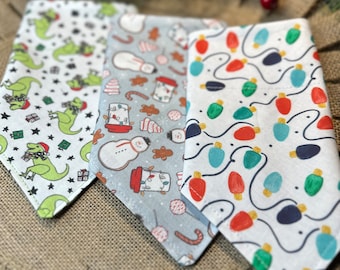 Christmas Bandanas/Reversible Christmas Dog Bandanas/Dinos with Santa hats/Christmas Lights/Snowmen/Over the Collar or Tie ON Bandanas /Cat