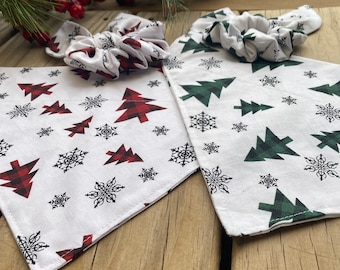 Christmas Dog Bandana/Green Plaid or Red Plaid Trees Bandana with Matching Hair Scrunchie/ Cat Bandana/ Pet Bandana/ Holiday Set/ Gift Set