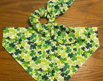 Dog Bandana/ Shamrock bandana/Pet bandana/ Over the Collar or Tie On Bandana/ Matching Hair Scrunchie Bandana SET/St Patrick's Bandana