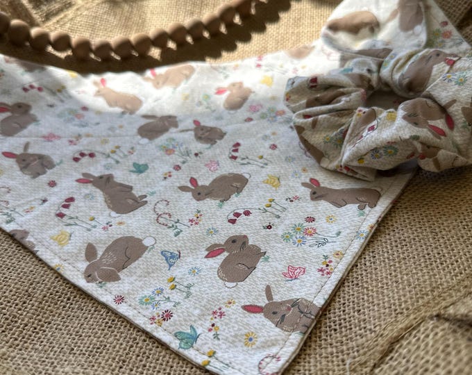 Featured listing image: Easter Dog Bandana with matching hair scrunchie/Retro Easter Icons/over collar or tie on bandana/pet bandana/matching sets/Pet  gift/