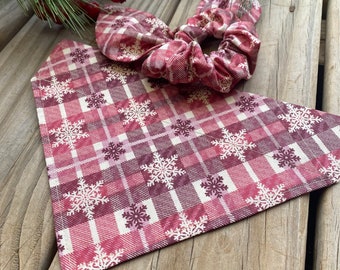Plaid Dog Bandana/ Rose Pink Plaid with snowflakes pet bandana with matching Hair Scrunchie/Over the Collar or Tie ON Bandana/Gift Set