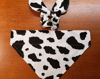Cow Print Dog Bandana/Pet Bandana/Cat Bandana/Over the Collar /Tie on Bandana/Dairy Cow Print/Pet Owner Gift/Matching Face Mask, Scrunchie