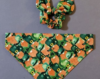 St Patrick's Day Dog Bandana with Matching Hair Scrunchie and Face Mask/Over Collar bandana/Tie On bandana/Pet/Cat/Matching Set/Leprechaun