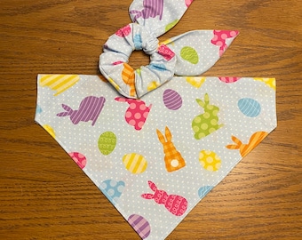 Easter Dog Bandana and hair scrunchie/over collar or tie on bandana/pet bandana/matching sets/Pet owner gift/