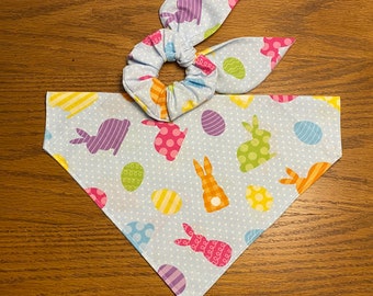 Easter Dog Bandana and hair scrunchie/over collar or tie on bandana/pet bandana/matching sets/Pet owner gift/