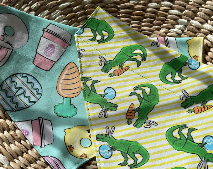 Featured listing image: Easter Dog Bandana/Easter Dinosaur Dog Bandana/Easter Donut Bandana/Over the Collar or Tie On Bandana/Pet/Cat/Reversible bandana