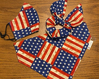 American Flag Dog Bandana with Matching Face Mask and Hair Scrunchie/Over the Collar or Tie On Bandana/Cat bandana/Matching Set/Pet Bandana
