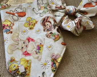Easter Dog Bandana with matching hair scrunchie/Retro Easter Icons/over collar or tie on bandana/pet bandana/matching sets/Pet  gift/