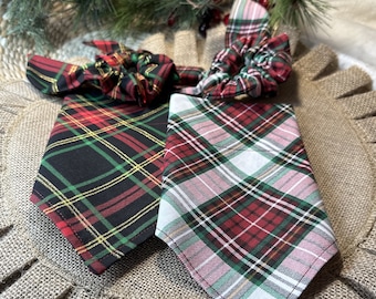 Plaid Dog Bandana/Christmas Plaid Bandana/Over the Collar or Tie ON Bandana/Matching Hair Scrunchie