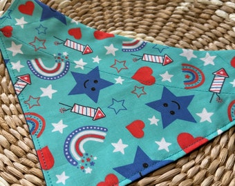 Patriotic Dog Bandana/4th of July Dog Bandana/Pet Bandana/Red White & Blue Rainbows/Pet Bandana/Over the Collar or Tie ON Bandana/