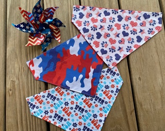 Patriotic Dog Bandana/Patriotic Pet Bandana/Over the Collar or Tie On Bandanas/Red, White and Blue Bandanas