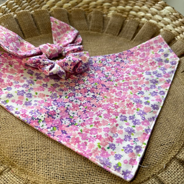 Floral Dog Bandana/Pink Floral Bandana with Matching Hair Scrunchie/Bandana for Pet/Cat Bandana/Over the Collar or Tie On bandana