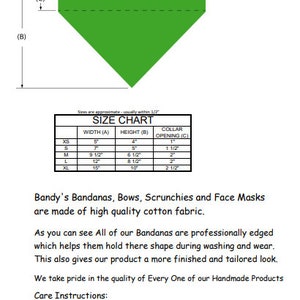 May include: A green bandana size chart with measurements in inches. The chart shows the width, height, and collar opening for different sizes: XS, S, M, L, and XL.