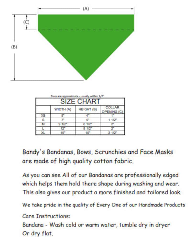 May include: A green bandana size chart with measurements in inches. The chart shows the width, height, and collar opening for different sizes: XS, S, M, L, and XL.
