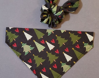 Christmas Dog Bandana/Christmas Trees Dog, Pet Bandana with Matching Hair Scrunchie and Face Mask/Cat/Over the Collar or Tie ON