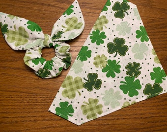 Dog Bandana/St Patrick's Day Bandana/Over the Collar or Tie On Bandana/Matching Hair Scrunchie/Shamrock