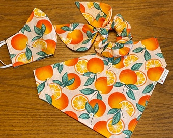 Orange Dog Bandana with Matching Face Mask and Hair Scrunchie/Pet Bandana/Over Collar or Tie On Bandana/Summer Dog Bandana Set/Gift Set/