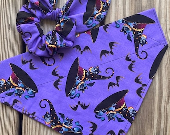 Witches Hat Dog Bandana/Cat and a Witches Hat /Halloween Bandana/Dog Bandana/Matching Hair Scrunchie/Face Mask/Over Collar Bandana/Tie On