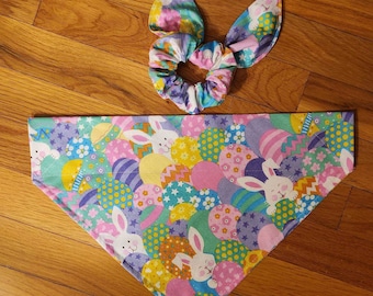 Easter Bandana/Over the Collar bandana/Tie on bandana/Easter eggs and Bunny bandana/Matching Hair Scrunchie