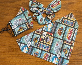 Road Trip Dog Bandana with Matching Face Mask and Hair Scrunchie/Pet Bandana/Over Collar or Tie On Bandana/Summer Road Trip Set/Bandana SET
