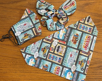 Road Trip Dog Bandana with Matching Face Mask and Hair Scrunchie/Pet Bandana/Over Collar or Tie On Bandana/Summer Road Trip Set/Bandana SET