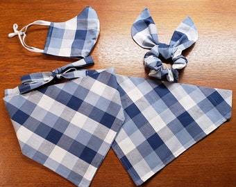 Lightweight Blue Plaid Dog Bandana/Over Collar Dog or Tie On Bandana/Dog Bandana with Matching Owner Face Mask  Hair Scrunchie/Pet Bandana/